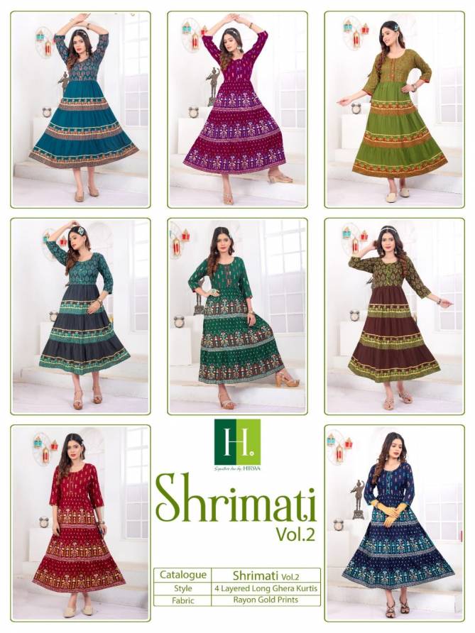Shrimati Vol 2 By Hirwa Rayon Printed Long Anarkali Kurti Wholesale Shop In Surat
